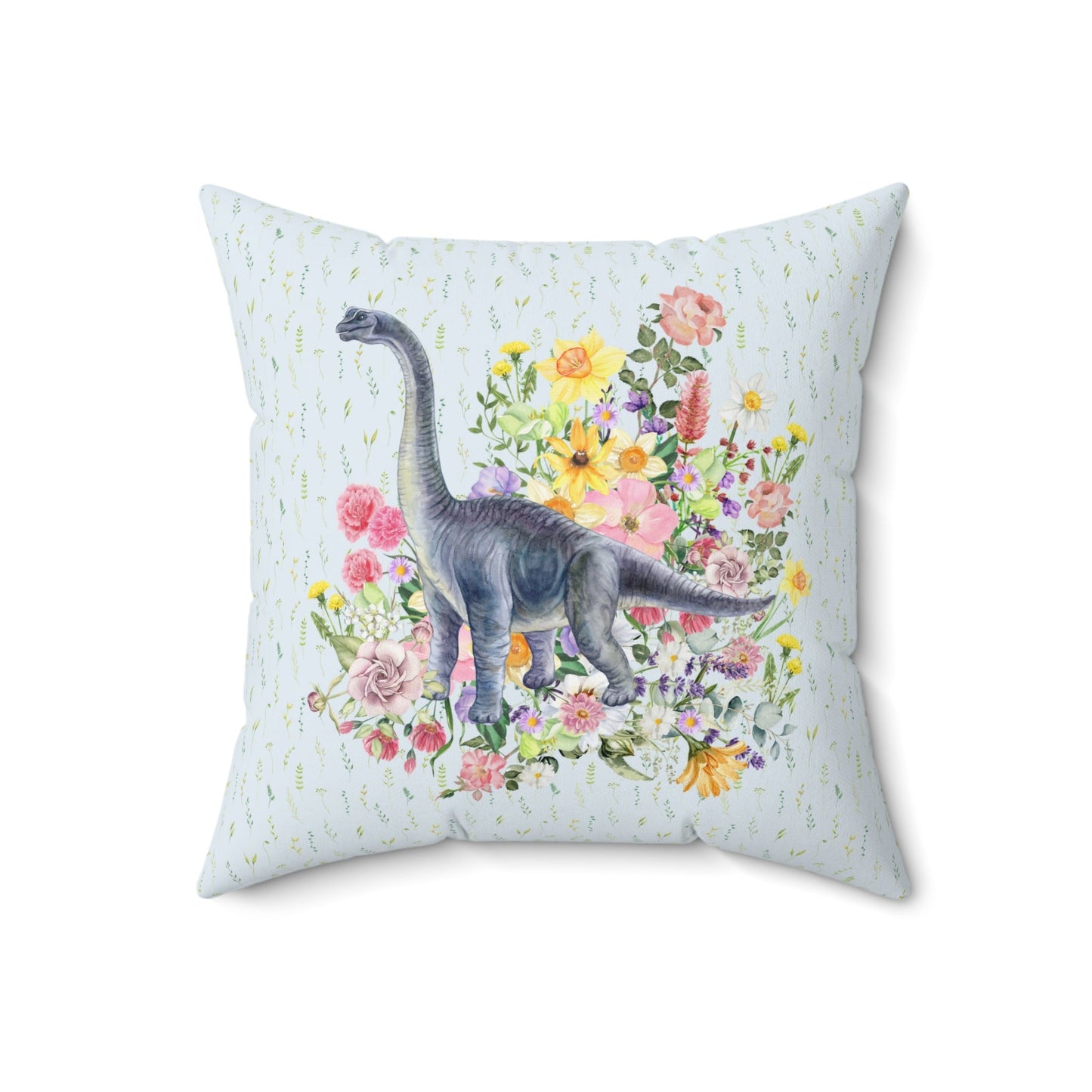 Watercolor Dinosaur Pillow, Brachiosaurus in Botanical Bouquet