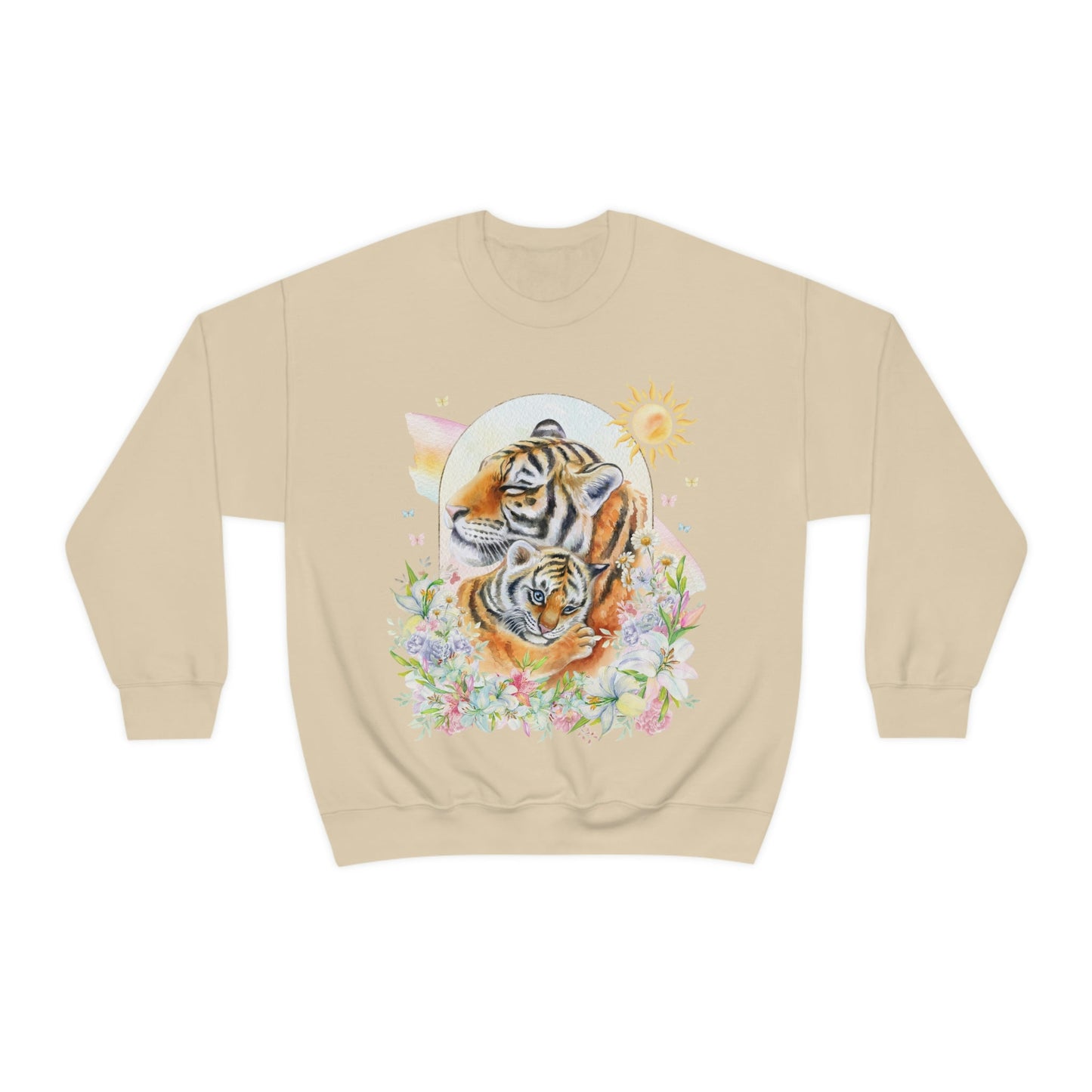 Watercolor Tiger Sweatshirt with Flowers: Eighties Floral Aesthetic