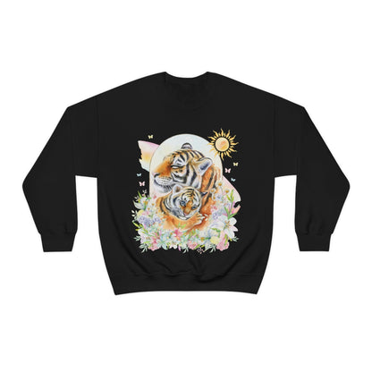 Watercolor Tiger Sweatshirt with Flowers: Eighties Floral Aesthetic