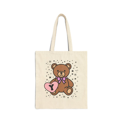 Y: Bear Holding a Heart Tote Bag with Initial